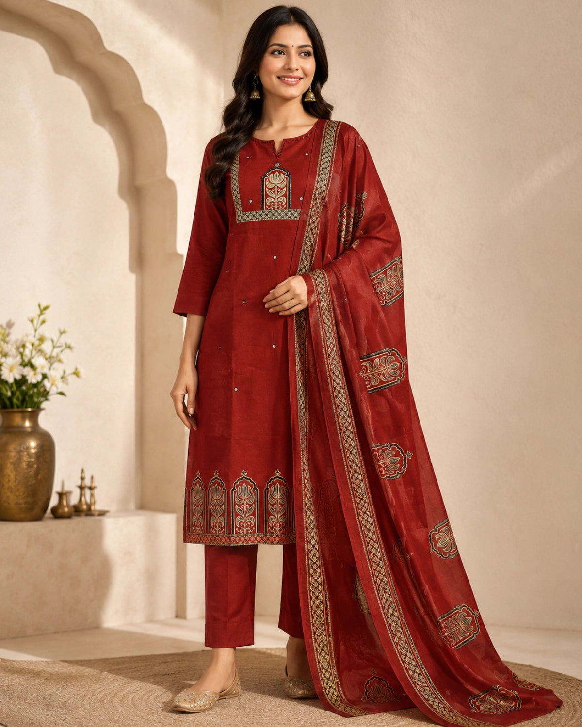 Maroon Mughal Print Cotton Kurta Pant Dupatta for Festive Wear