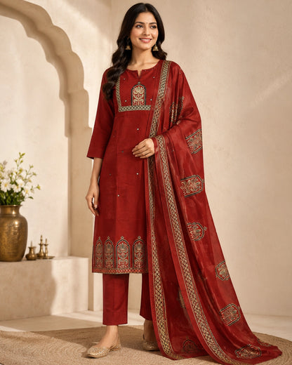 Maroon Mughal Print Cotton Kurta Pant Dupatta for Festive Wear