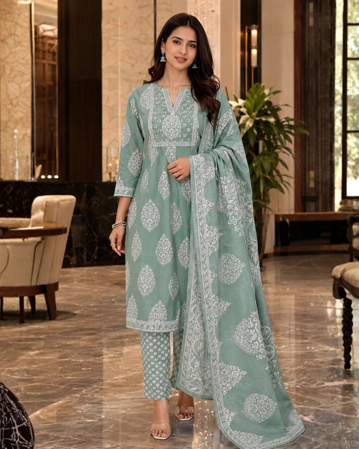 Sage Green Block Print Cotton Unstitched Suit for Daily Wear