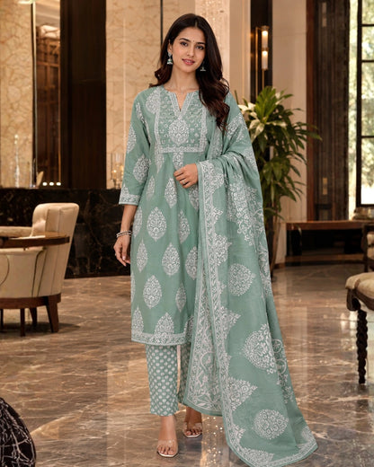 Sage Green Block Print Cotton Unstitched Suit for Daily Wear