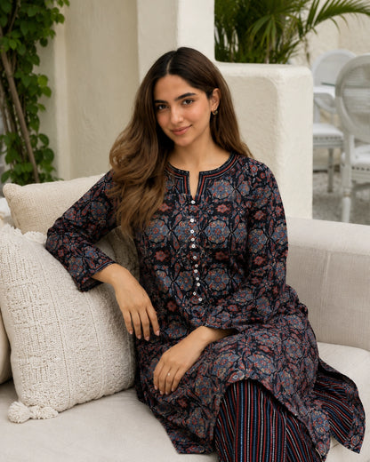 Navy Blue Ajrakh Print Cotton Kurta Pant Set for Daily Wear