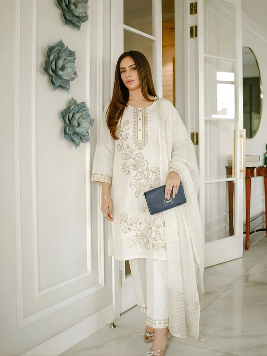 Ivory White Floral Embroidered Kurta Set with Dupatta