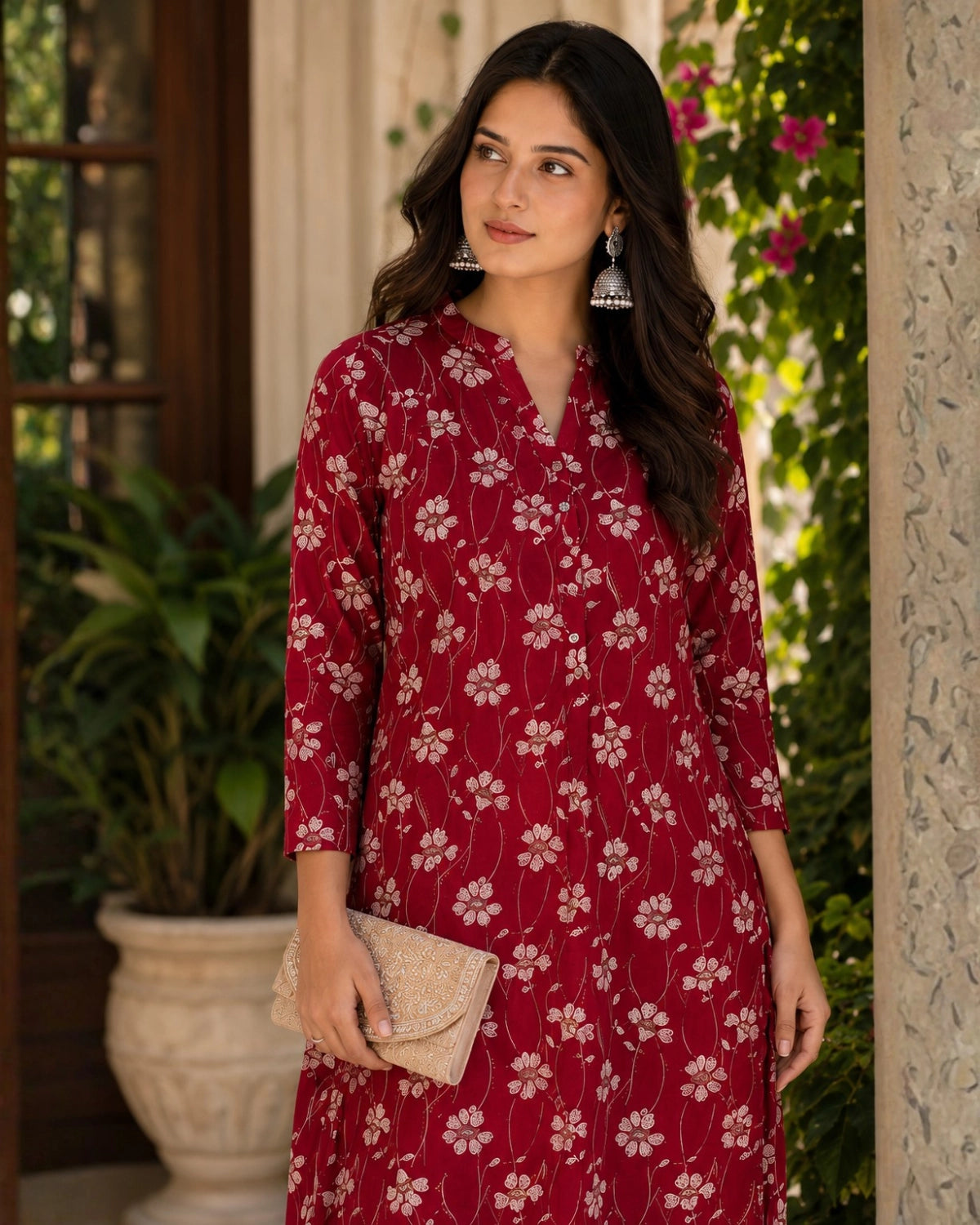 Cherry Red Floral Print Rayon Kurta Pant Set for Daily Wear