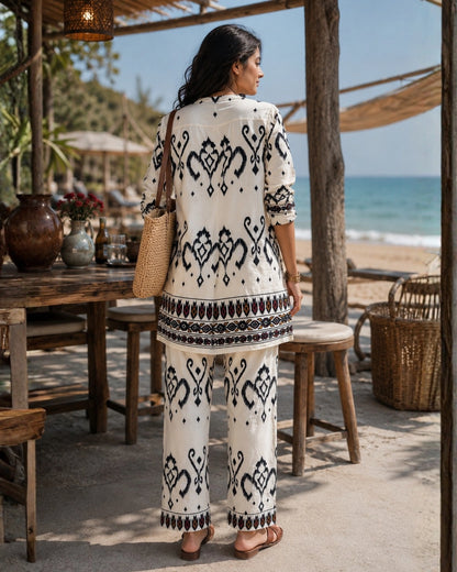 Ikat Print Rayon Co-ord Set with Notch Neck for Vacation Wear