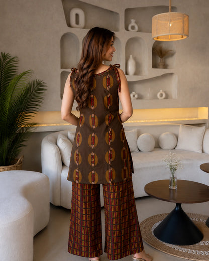 Brown Ajrakh Print Cotton Co-Ord Set with U-Neck for Daily Wear
