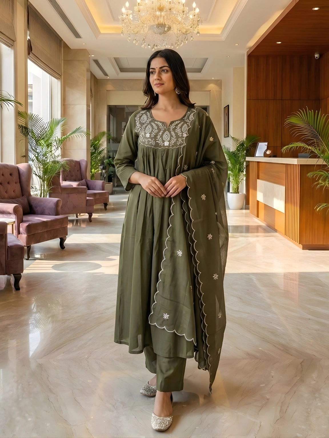 Olive Green Embroidered 3-Piece Kurta Suit