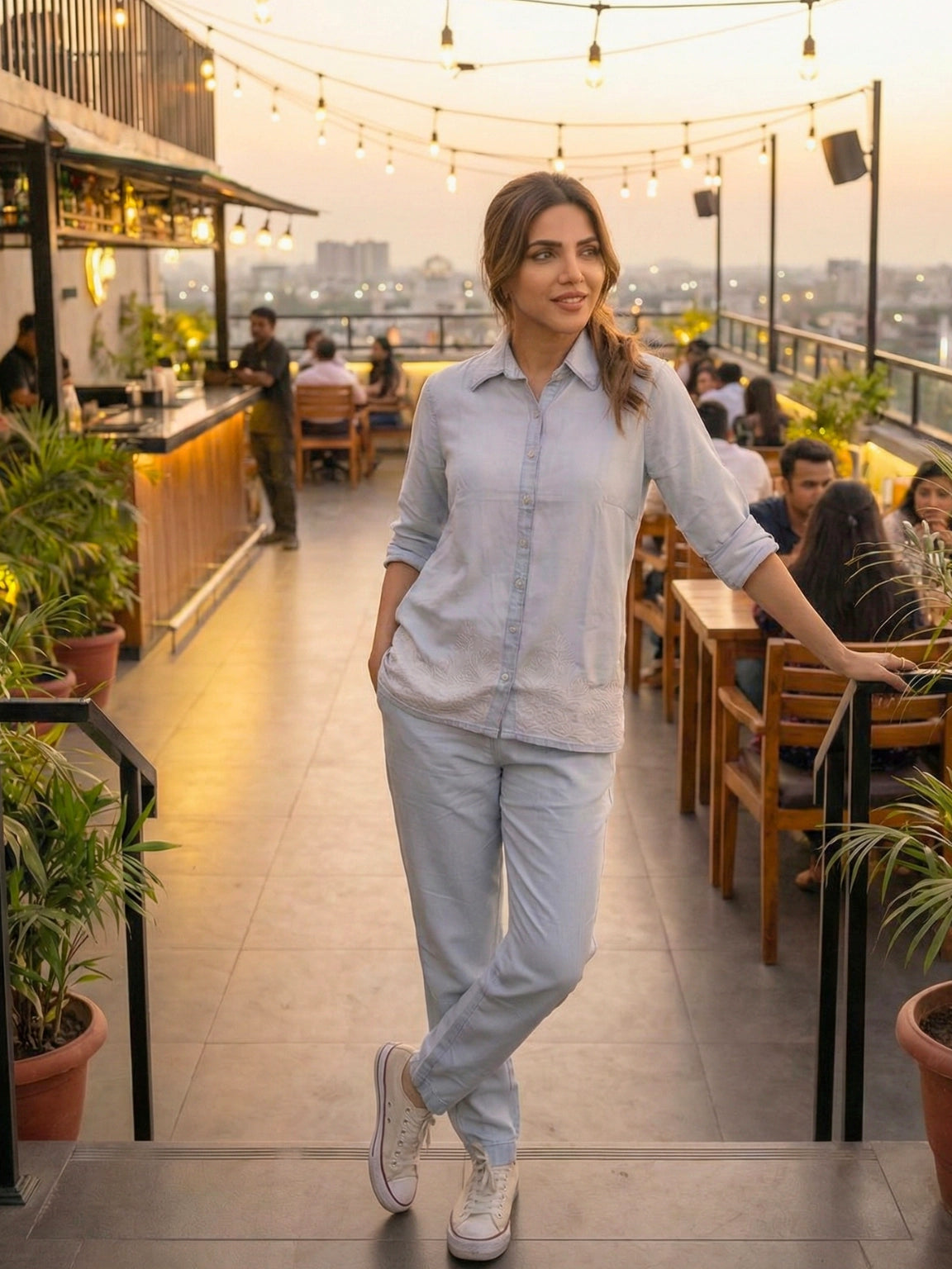 Light Blue Embroidered Button-Down Co-Ord Set