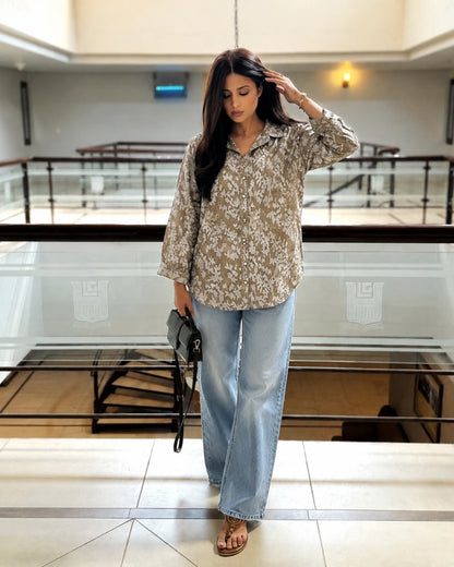 Beige Floral Imported Shirt for Vacation and Office Wear