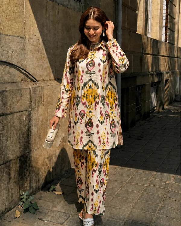 Ikat Print Cotton Co-Ord Set with Collar Neck for Vacation Wear