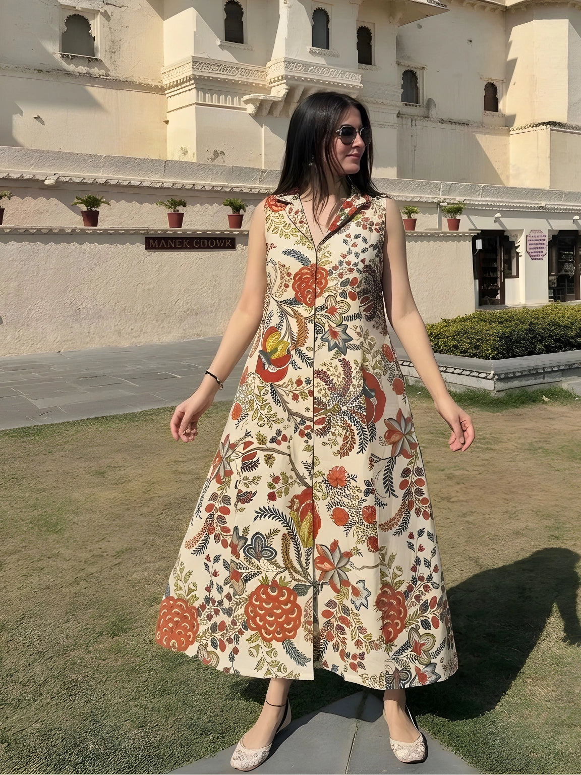 Cream Botanical Print Collared Maxi Dress