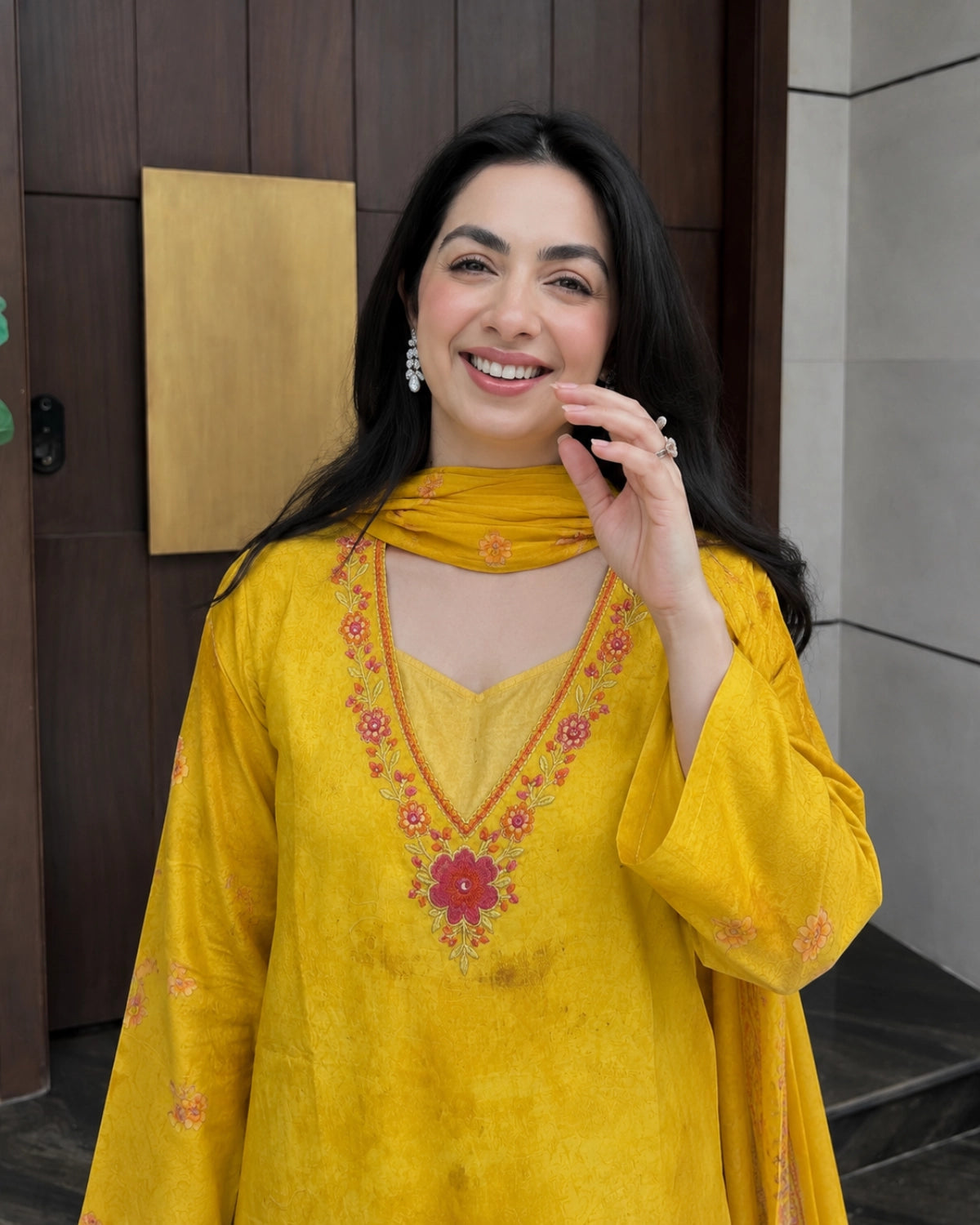 Mustard Floral Printed Rayon Kurta Pant Dupatta Set for Office Wear
