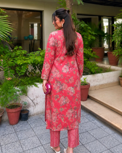 Coral Pink Floral Print Rayon Kurta Pant Set for Daily Wear