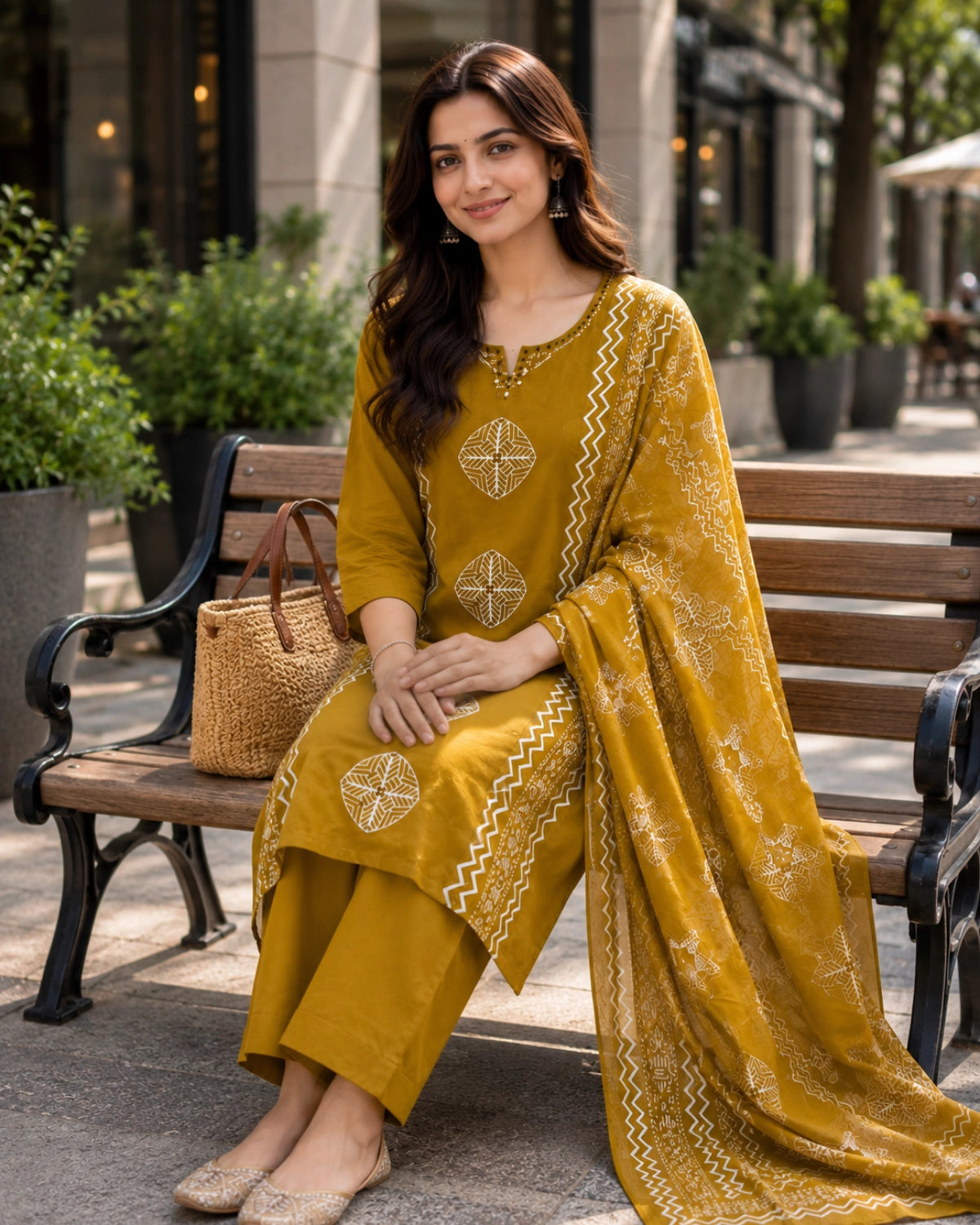 Block Print Cotton Kurta Pant Dupatta with Round Neck for Daily Wear