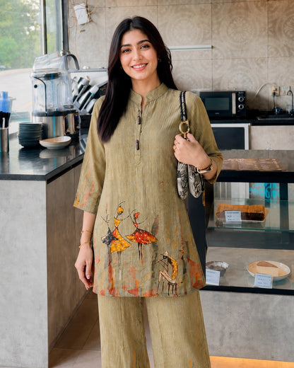 Olive Green Warli Print Chanderi Co-Ord Set for Office Wear