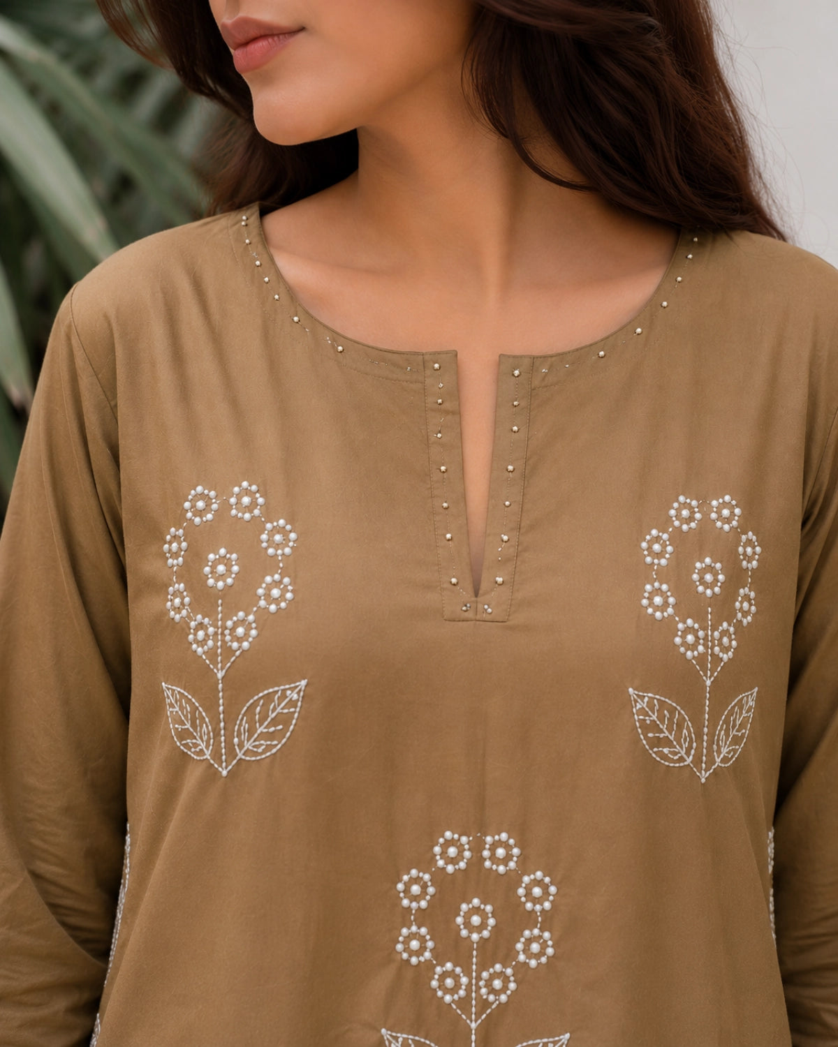 Olive Brown Thread Work Cotton Kurta Pant Dupatta for Daily Wear