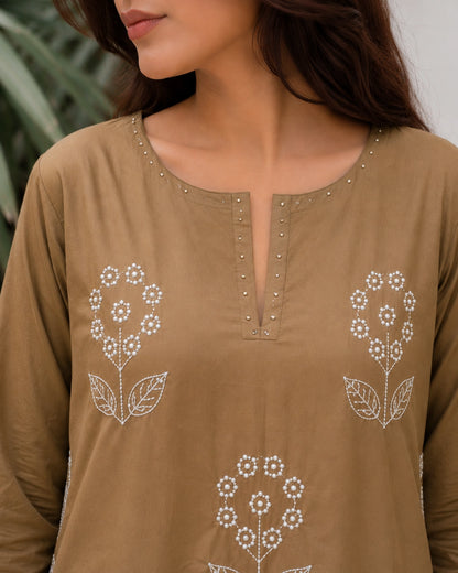 Olive Brown Thread Work Cotton Kurta Pant Dupatta for Daily Wear