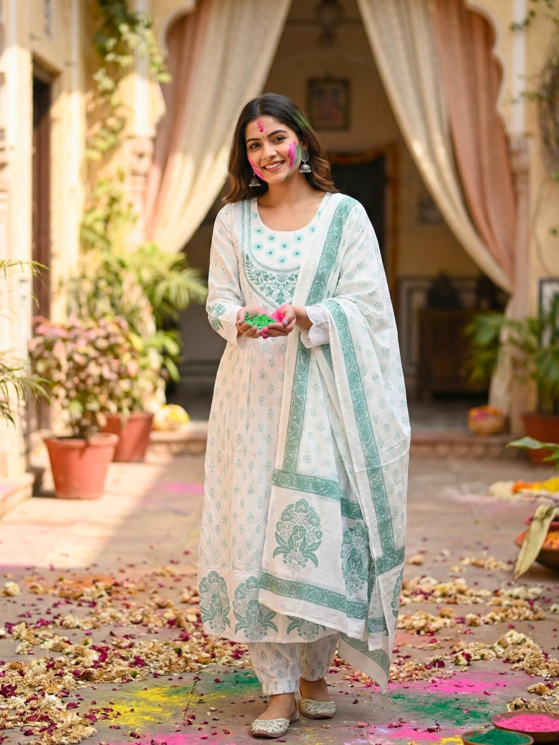 Sage Green Floral Printed Anarkali Set