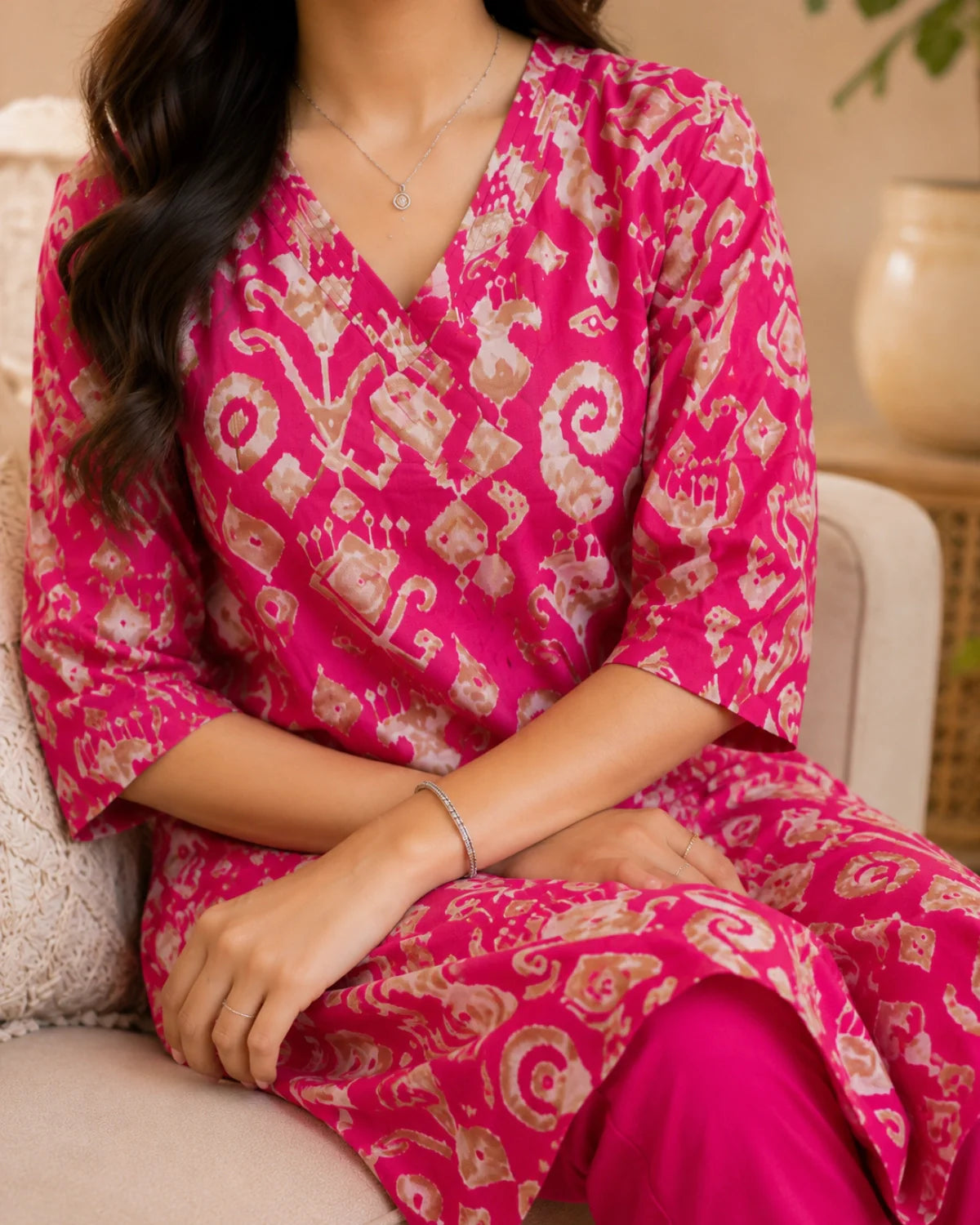 Rani Pink Ikat Print Rayon Kurta Pant Set for Daily Wear