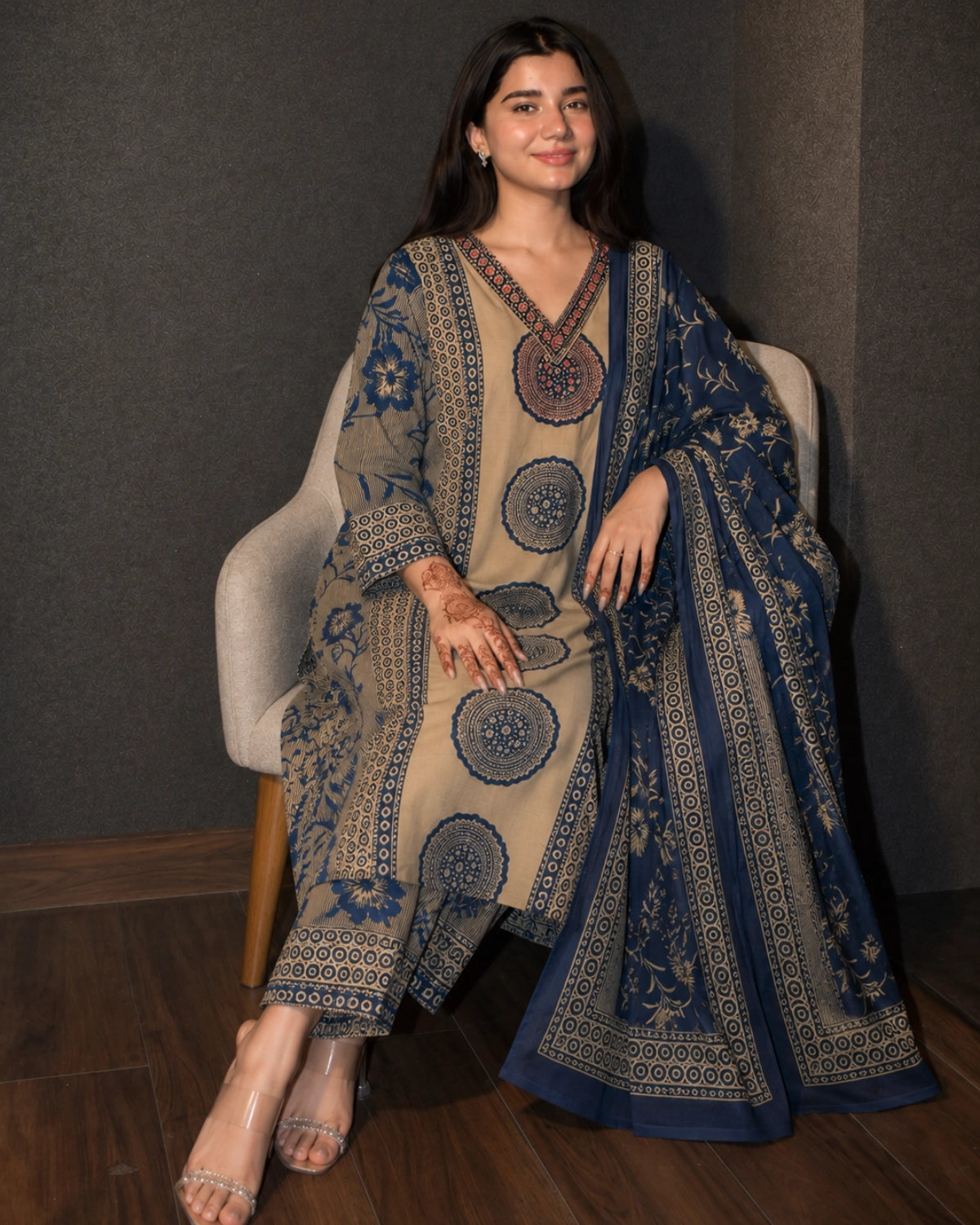 Beige Ajrakh Print Cotton Kurta Pant Dupatta for Daily Wear