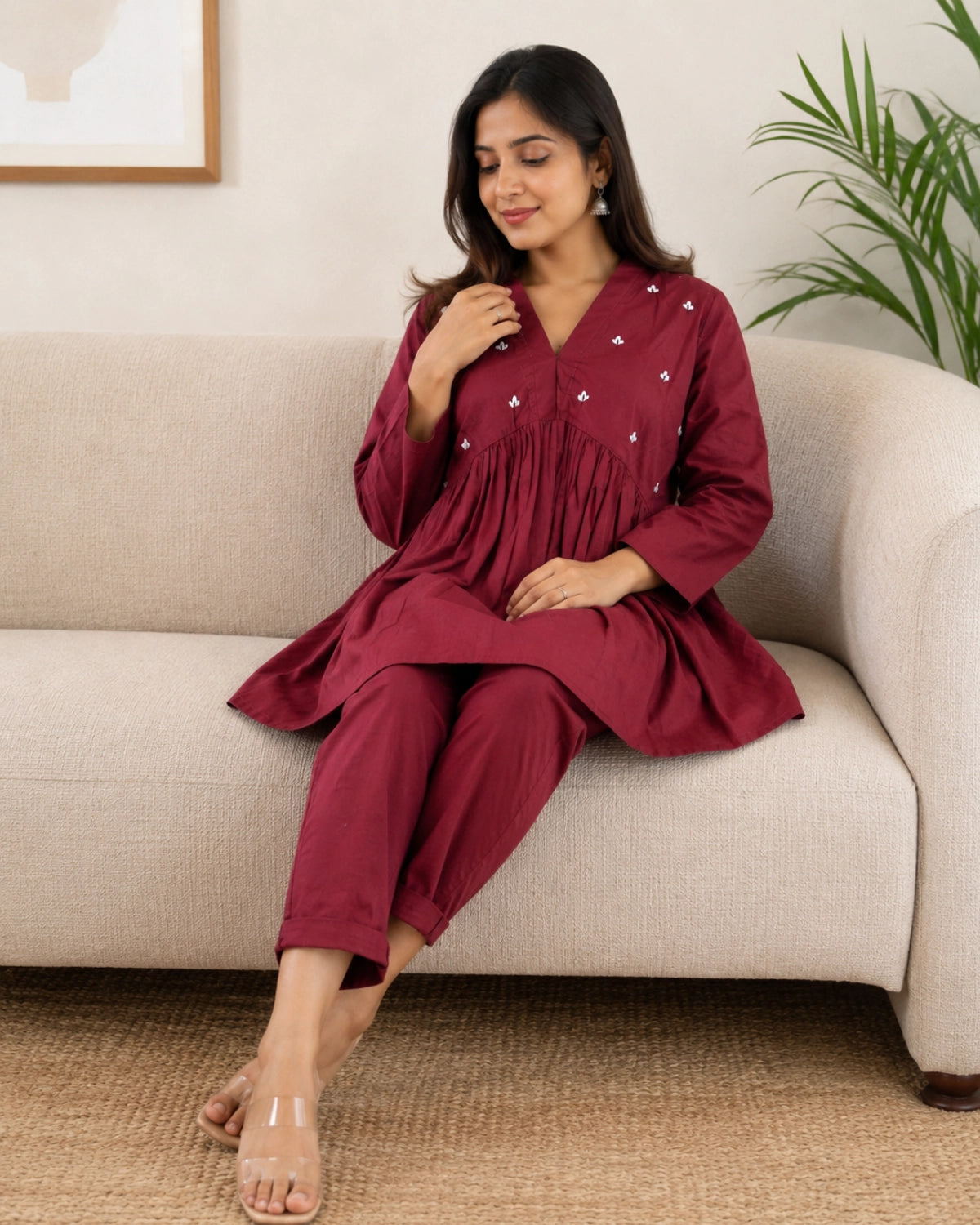 Mirror Work Cotton Co-ord Set with V Neck for Vacation Wear