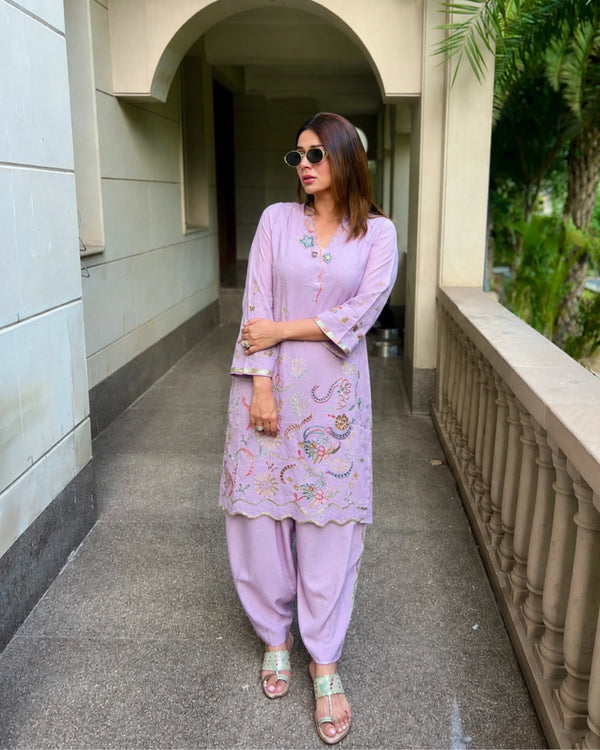Lavender Embroidered Cotton Kurta Pant Set for Office Wear