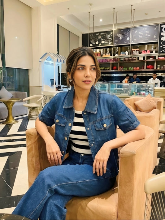 Blue Short-Sleeve Jacket & Wide-Leg Pants Co-Ord Set