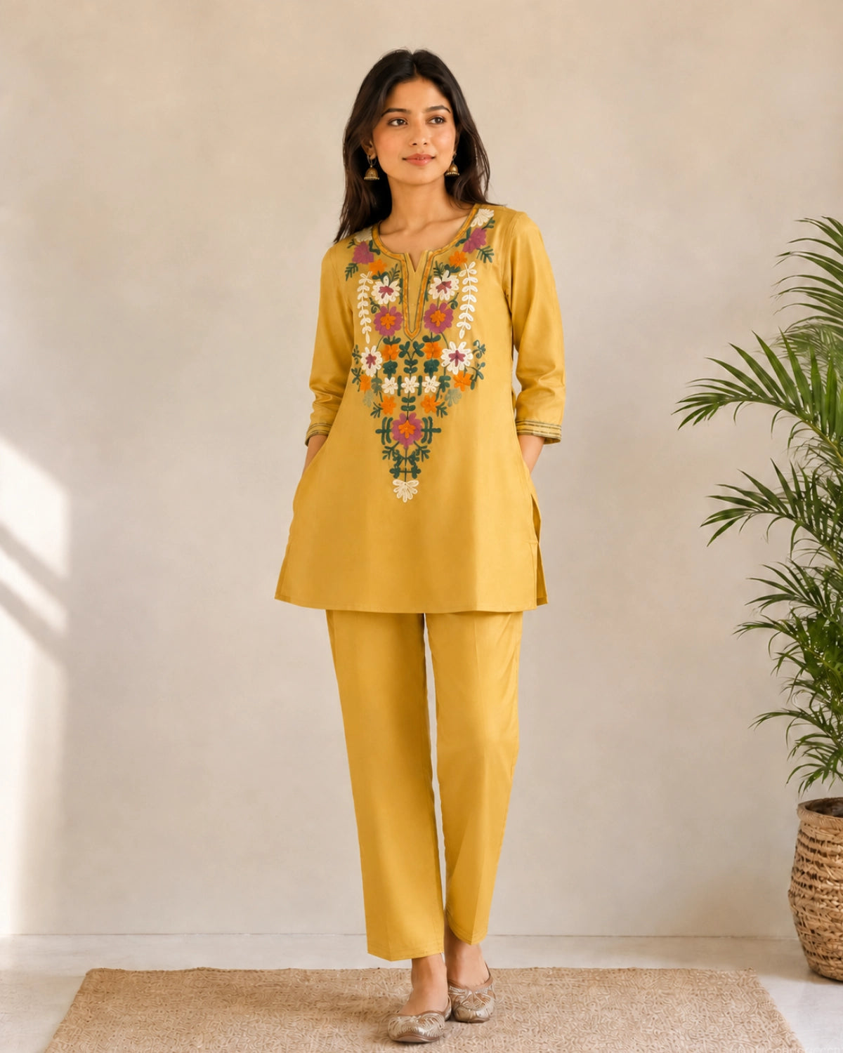 Floral Thread Work Cotton Co-ord Set with Notch Neck for Vacation Wear