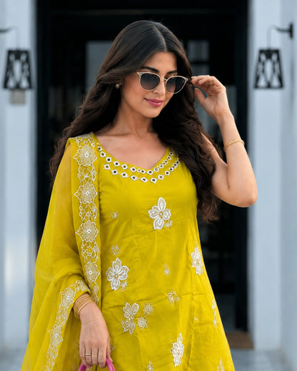 Lime Yellow Embroidered Cotton Kurta Pant Dupatta Set for Daily Wear