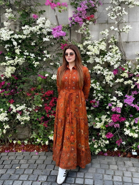 Rust Orange Floral Print Collared Maxi Dress