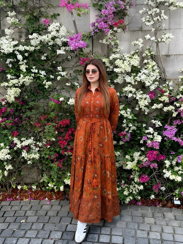 Rust Orange Floral Print Collared Maxi Dress