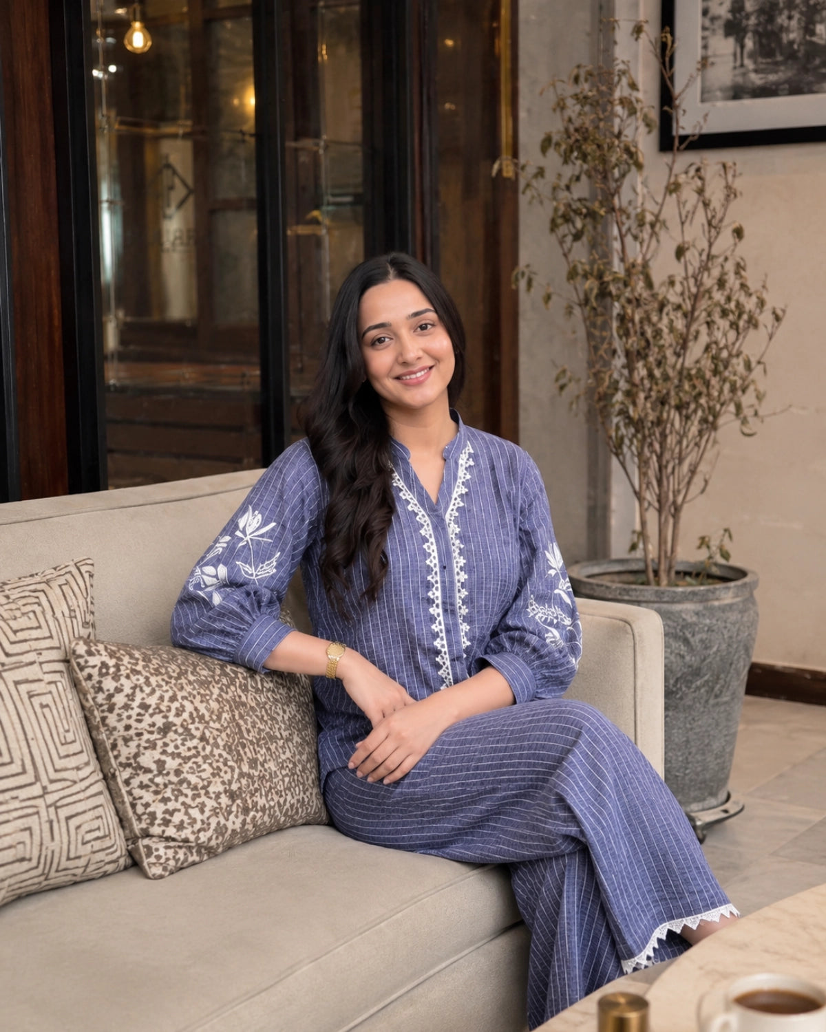 Thread Work Imported Co-ord Set with Mandarin Neck and Lace Trim for Vacation Wear