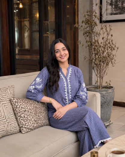 Thread Work Imported Co-ord Set with Mandarin Neck and Lace Trim for Vacation Wear