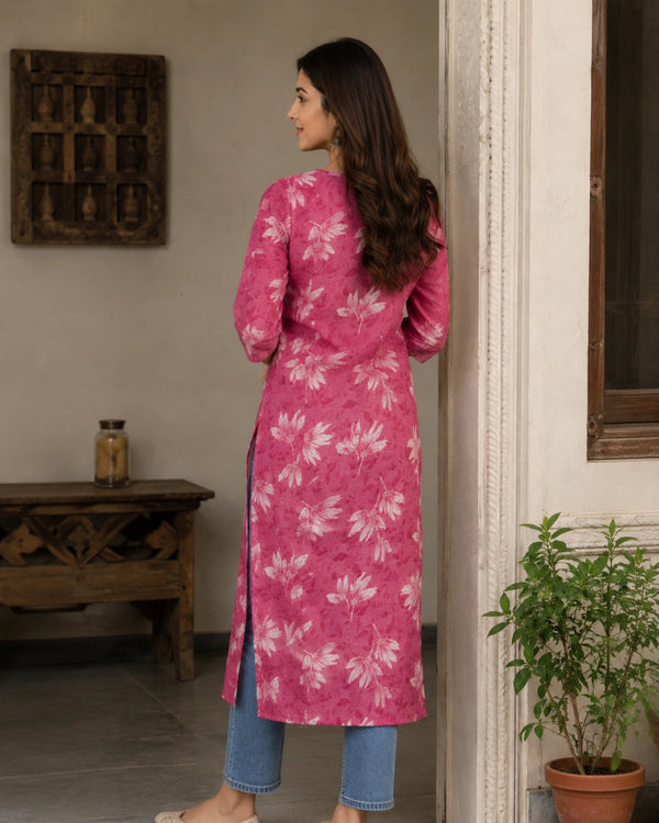 Pink Floral Printed Cotton Long Kurta with Round Neck for Office Wear — image 3