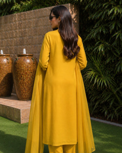 Yellow Embroidered Cotton Kurta Pant Dupatta for Daily Wear