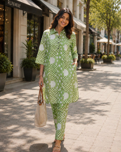 Polka Dot Cotton Co-ord Set with Collar Neck for Daily Wear