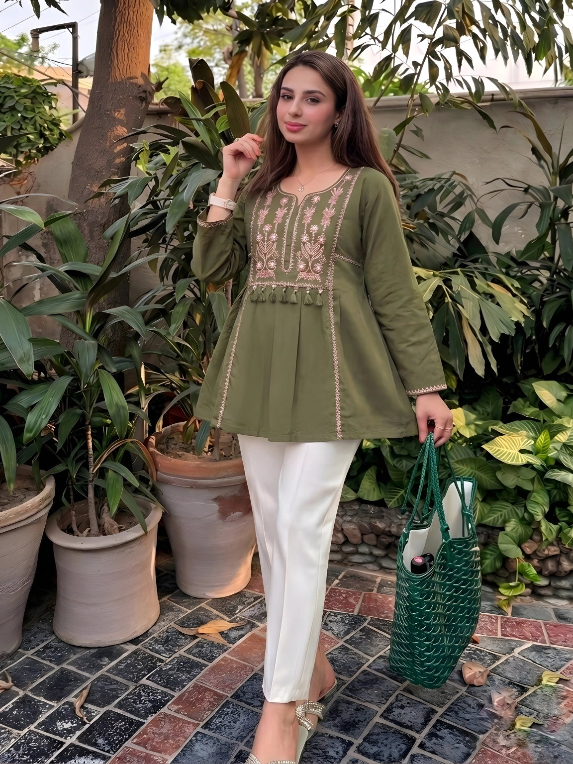 Embroidered Olive Green Peplum Kurti