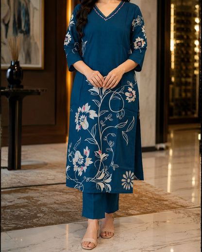 Floral Print Rayon Kurta Pant Set with V Neck for Daily Wear