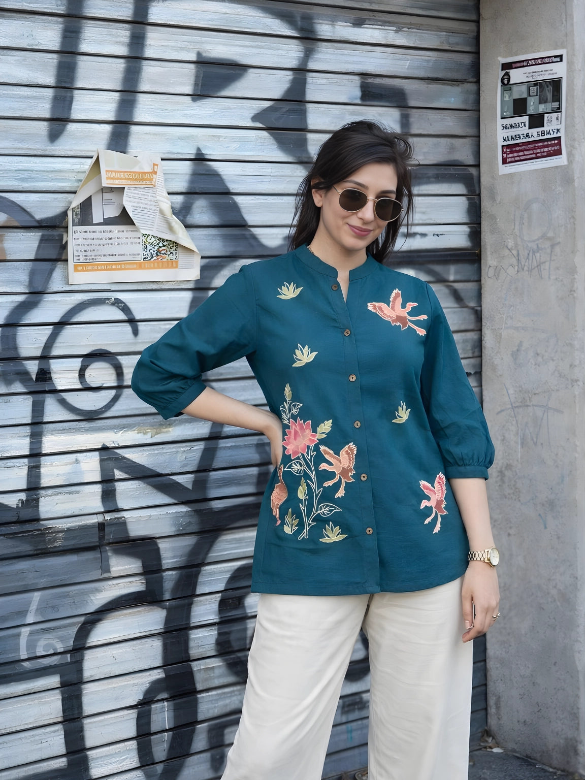 Teal Embroidered Mandarin Collar Kurti
