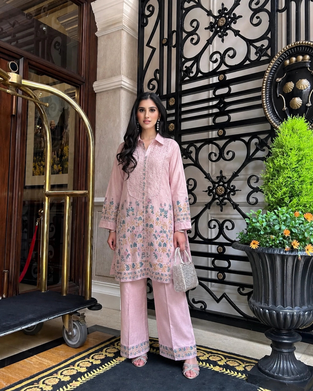 Pink Embroidered Cotton Co-ord Set with Mirror Work for Vacation Wear