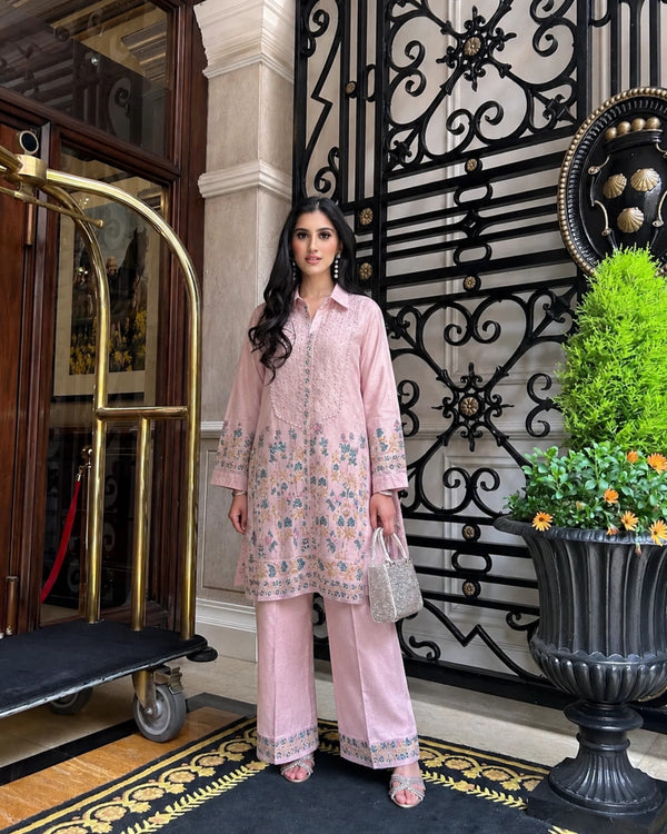 Pink Embroidered Cotton Co-ord Set with Mirror Work for Vacation Wear