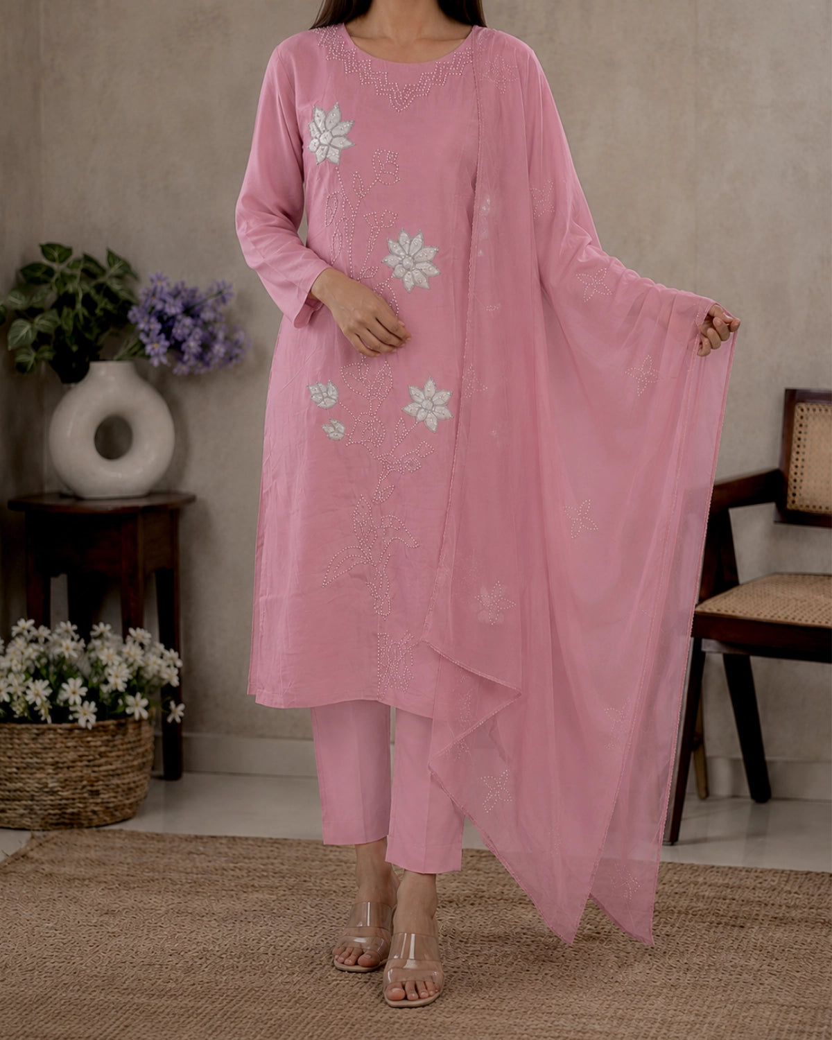 Pink Thread Embroidered Cotton Kurta Pant Dupatta Set for Daily Wear
