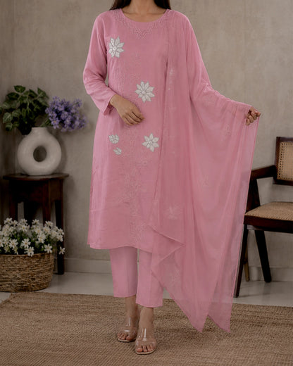 Pink Thread Embroidered Cotton Kurta Pant Dupatta Set for Daily Wear