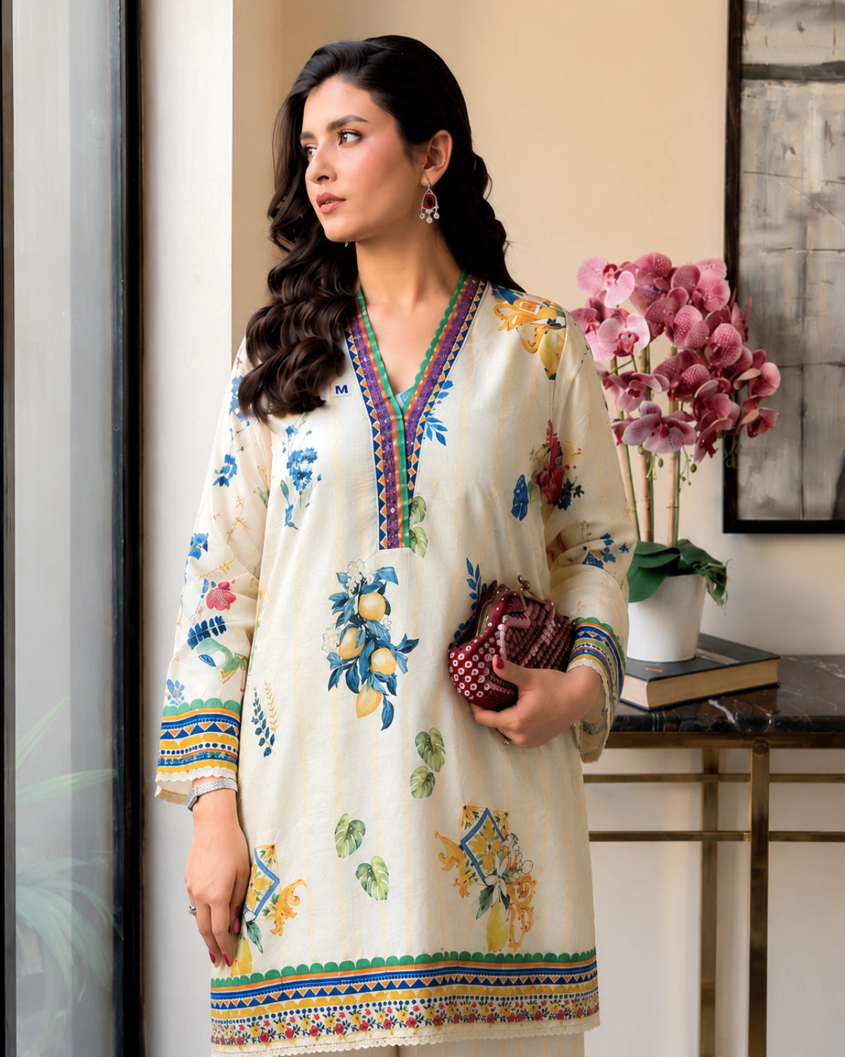 Ivory Lemon Floral Cotton Co-ord Set with Border for Vacation Wear