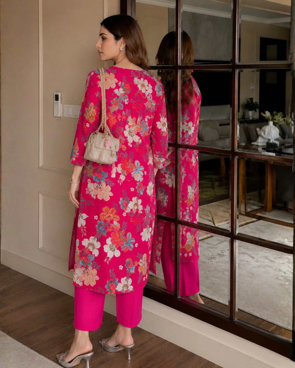 Floral Print Cotton Kurta Pant Set with Round Neck for Daily Wear