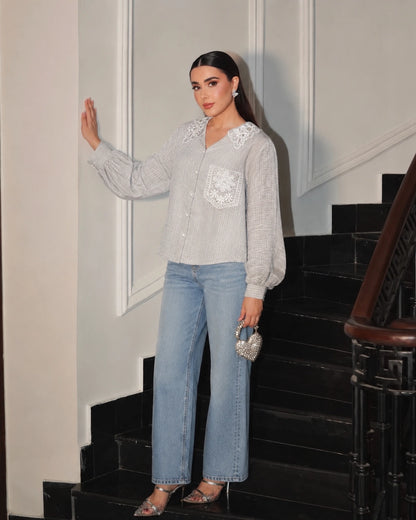 Grey Imported Shirt with Lace Collar for Office and Vacation Wear