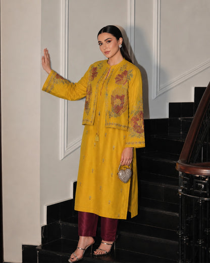 Mustard Embroidered Cotton Kurta with Jacket for Office Wear