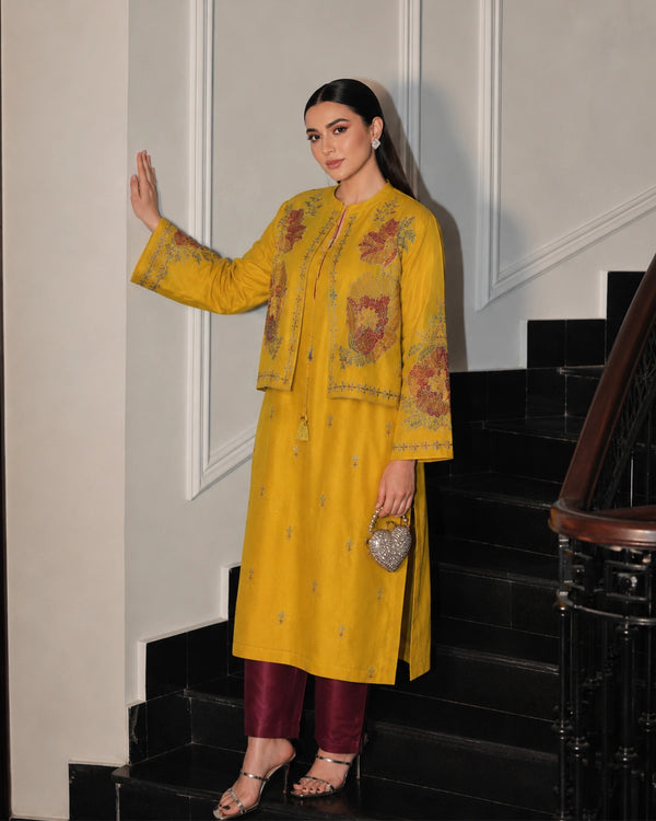 Mustard Embroidered Cotton Kurta with Jacket for Office Wear — image 1