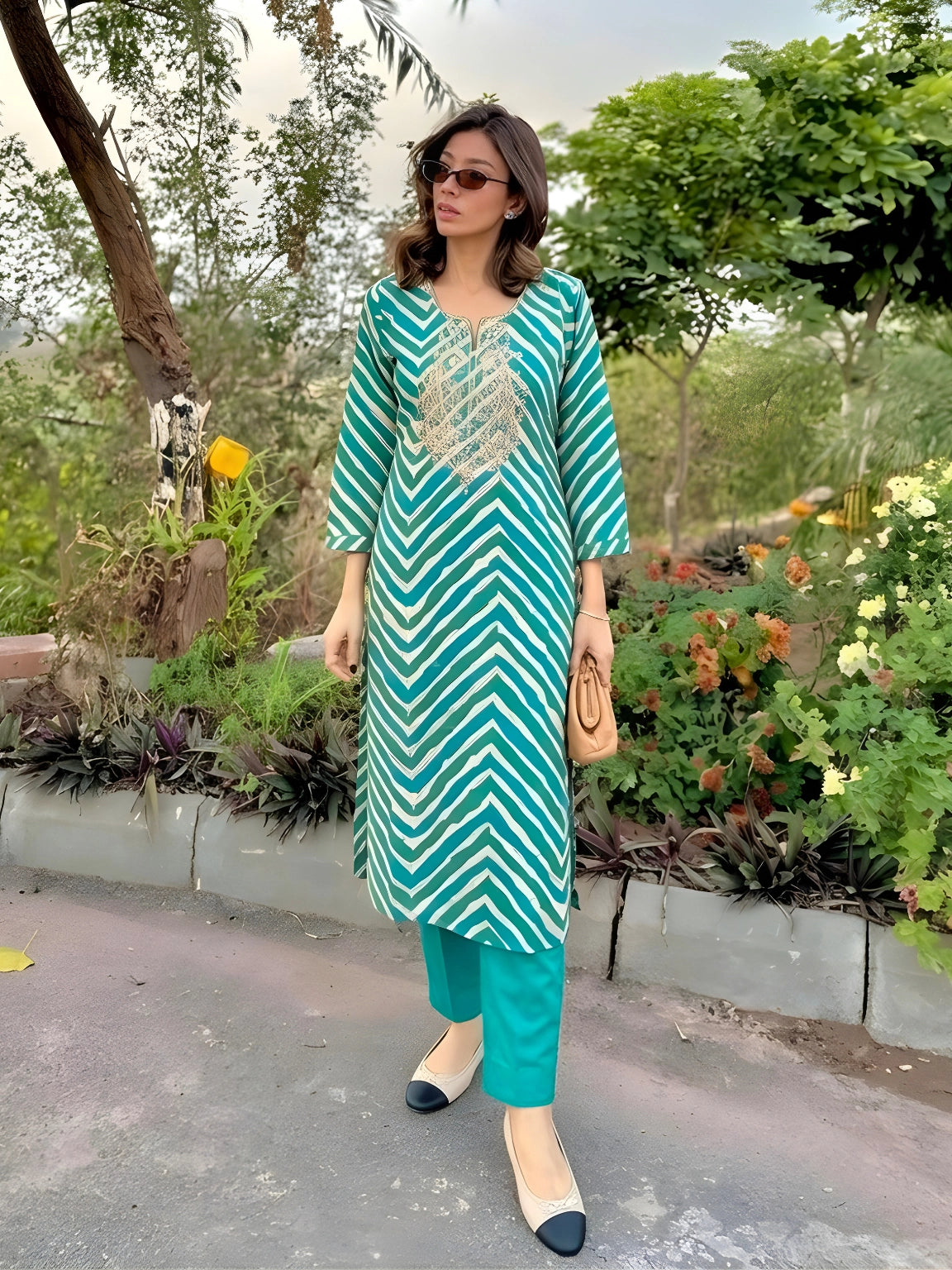Teal Green and White Chevron Embroidered Kurta Pant Set