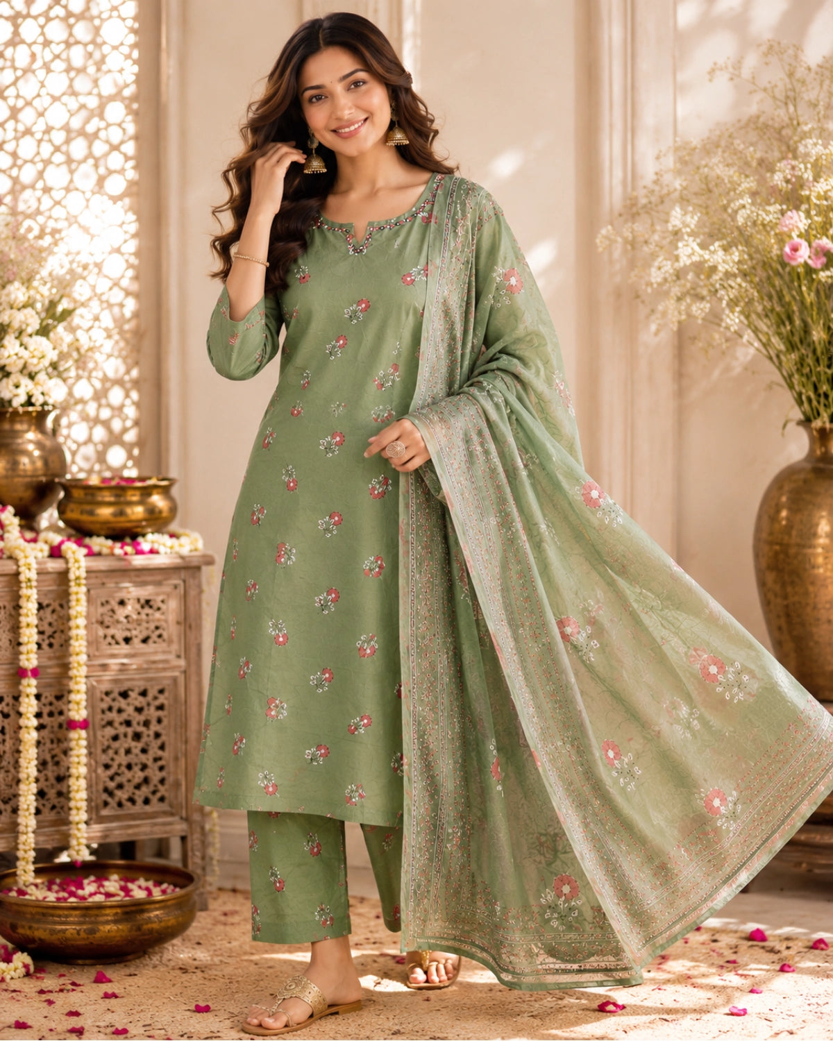 Sage Green Floral Print Cotton Kurta Pant Dupatta for Daily Wear