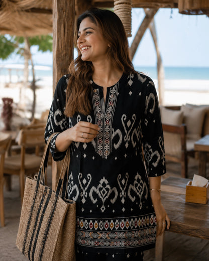 Ikat Print Rayon Co-ord Set with Notch Neck for Vacation Wear